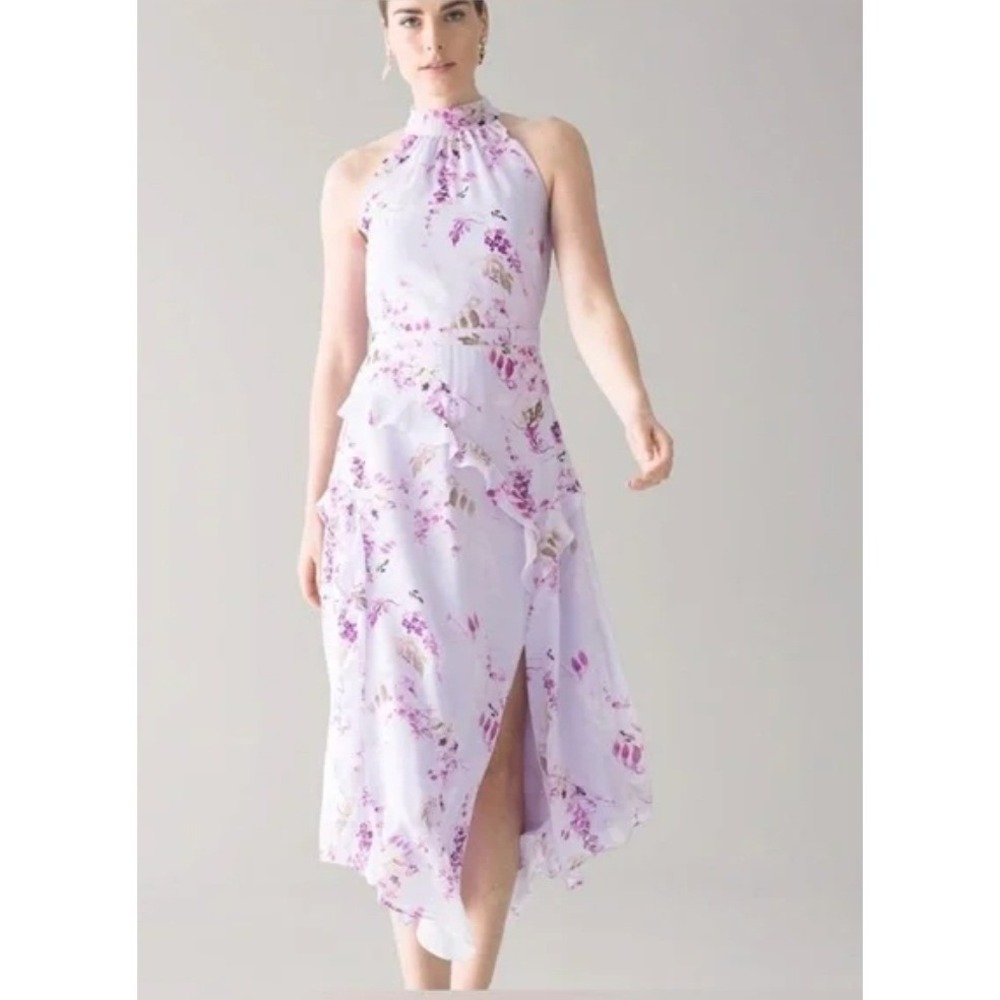 White House‎ Black Market Lavender Floral Halter Maxi Dress 14 Ruffles Tie Back